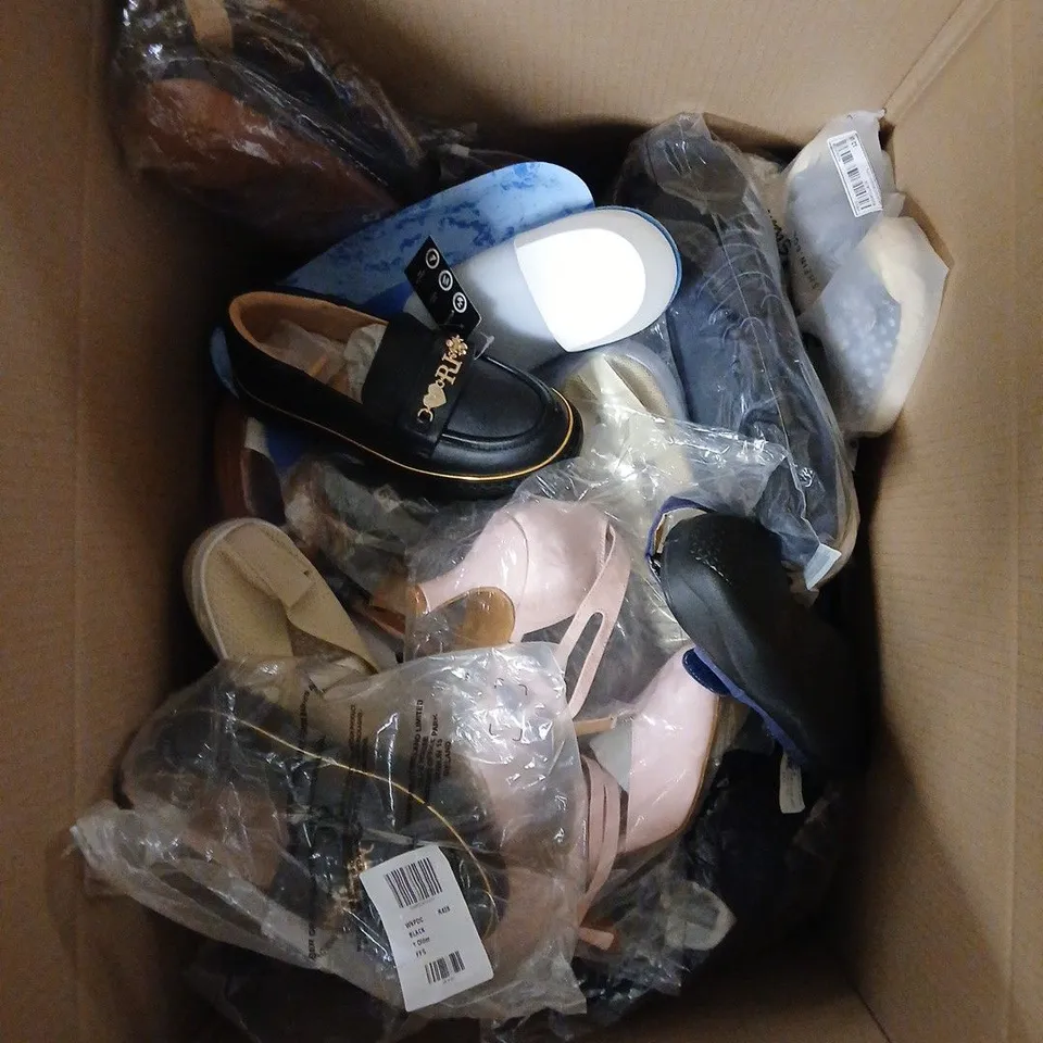 BOX OF APPROXIMATELY 15 PAIRS OF ASSORTED SHOES IN VARIOUS COLOURS, STYLES AND SIZES
