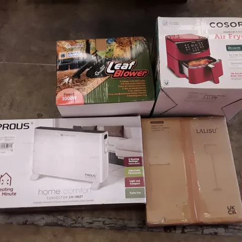 PALLET OF ASSORTED PRODUCTS INCLUDING LEAF BLOWER, AIR FRYER, PROUS CONVECTOR HEATER, FREE STANDING LAMP 