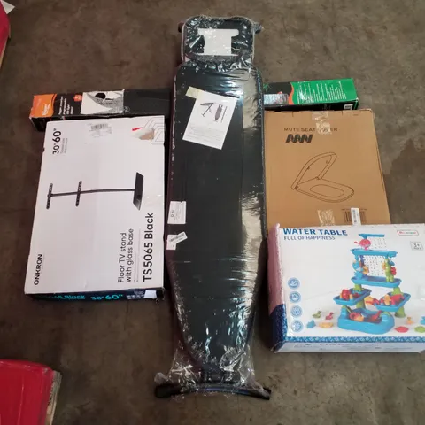 PALLET OF ASSORTED PRODUCTS INCLUDING TOILET SEAT COVER, WATER TABLE, IRONING BOARD, FLOOR TV STAND WITH GLASS BASE, AQUARIUM LED LIGHT