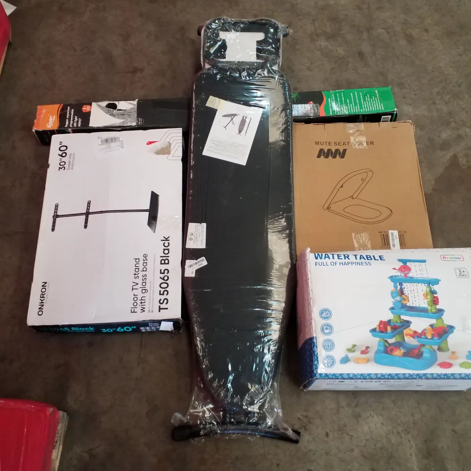 PALLET OF ASSORTED PRODUCTS INCLUDING TOILET SEAT COVER, WATER TABLE, IRONING BOARD, FLOOR TV STAND WITH GLASS BASE, AQUARIUM LED LIGHT
