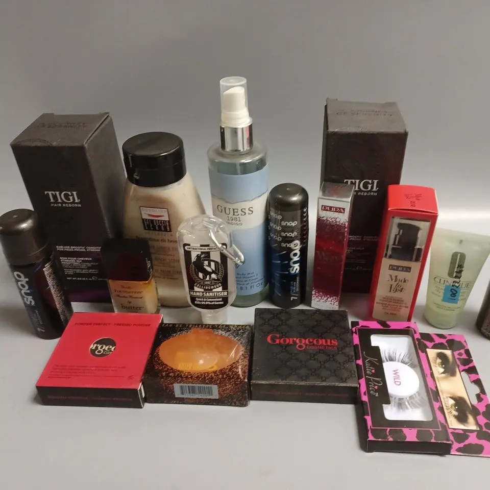 APPROXIMATELY 30 ASSORTED COSMETIC GOODS TO INCLUDE TIGI HAIR REBORN CONDITIONER (250ml), PUPA MADE TO LAST TOTAL COMFORT FOUNDATION (30ml), GORGEOUS PRESSED POWDER, ETC