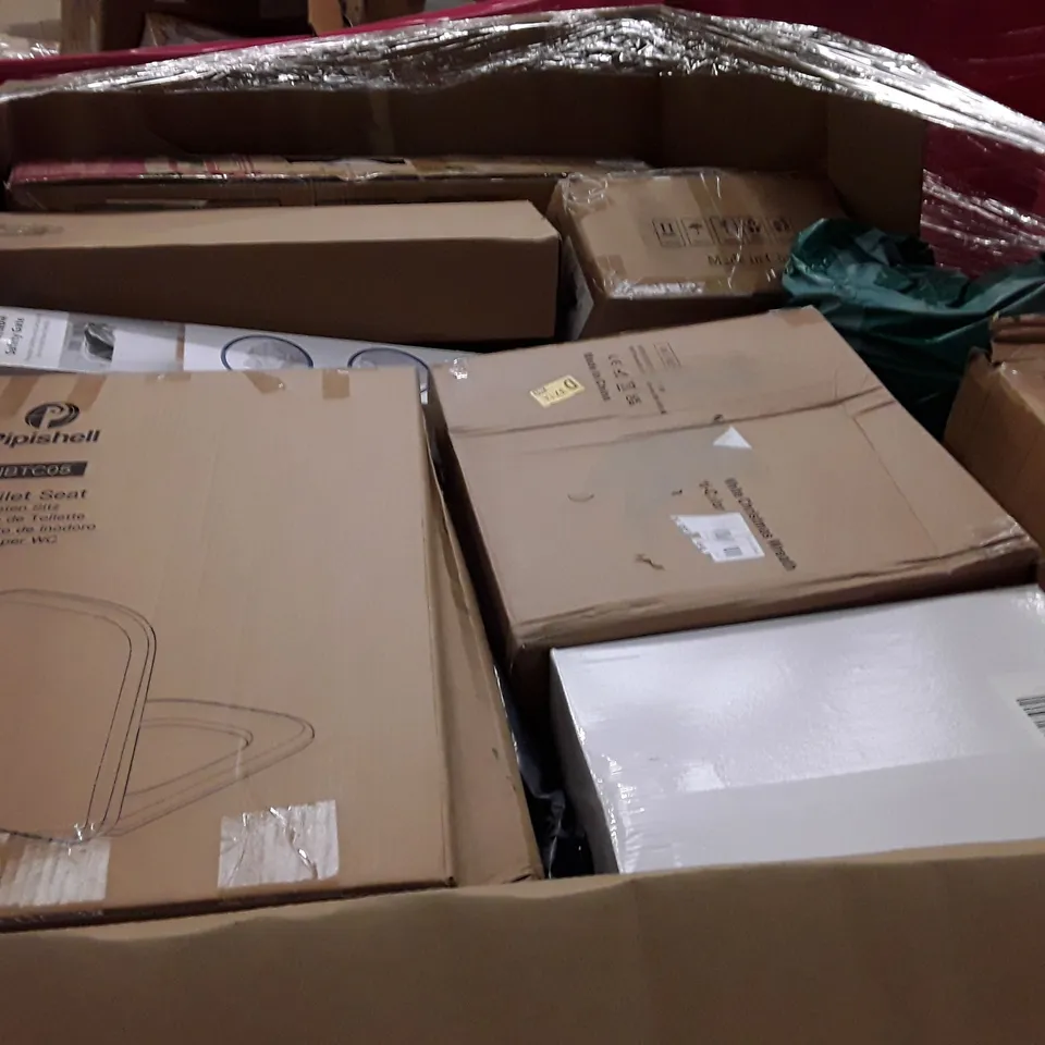 PALLET OF ASSORTED PRODUCTS INCLUDING ACCSTORE WASHING MACHINE RACK, WOODEN GREENHOUSE, COMPUTER DESK, TOILET SEAT, RETRACTABLE SAFETY GATE, ROLLER BLINDS