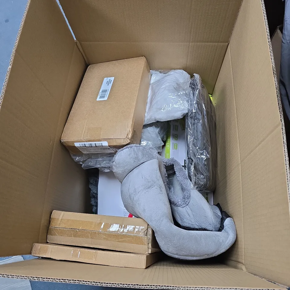 BOX OF APPROXIMATELY 15 ASSORTED HOUSEHOLD ITEMS INCLUDING ULSTER WEAVERS OVEN GLOVES , SOCK AID AND PHOTO PAPER PREMIUM 