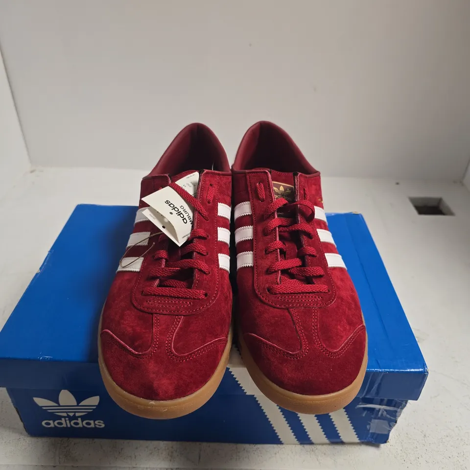 BOXED PAIR OF ADIDAS HAMBURG RED SUEDE SNEAKERS – UK 13 – MEN'S
