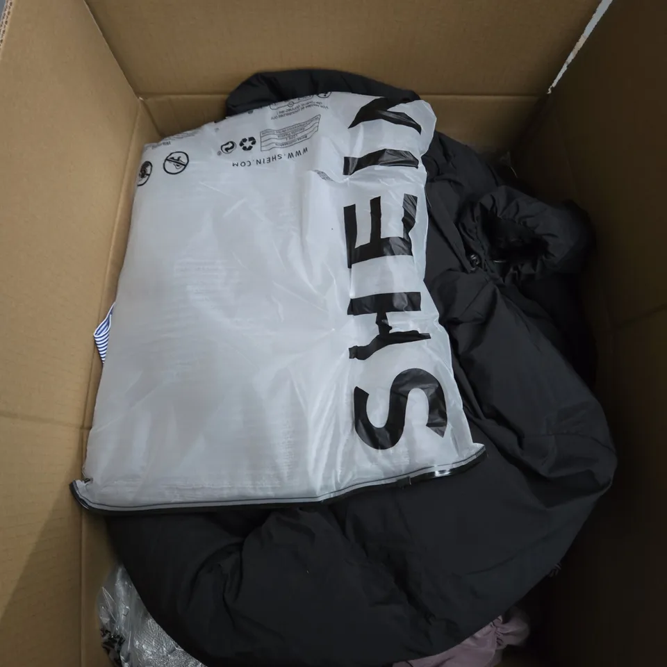 LARGE BOX OF ASSORTED CLOTHING ITEMS IN VARIOUS STYLES, COLOURS AND SIZES