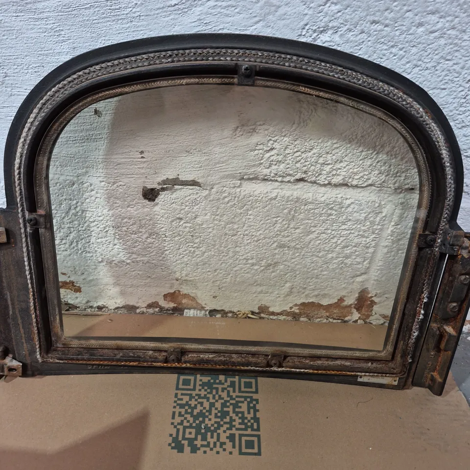 ARCH-SHAPED FIREPLACE DOOR WITH GLASS INSERT, BLACK METAL FRAME