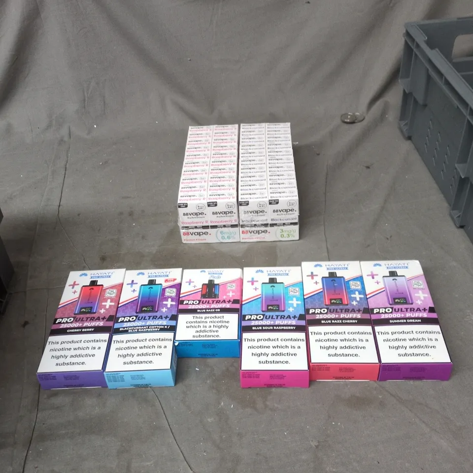 TOTE OF APPROXIMATELY 25 ASSORTED ELECTRONIC CIGARETTE ITEMS TO INCLUDE: 88VAPE VAPE LIQUID 