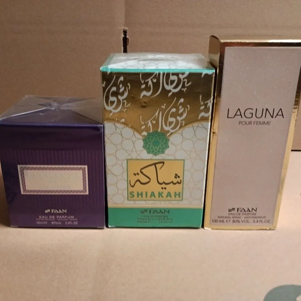LARGE BOX OF APPROX 5 ASSORTED FRAGRANCES TO INCLUDE LAGUNA POUR FEMME , SHIAKAN AND ELEGANZA SENSATION