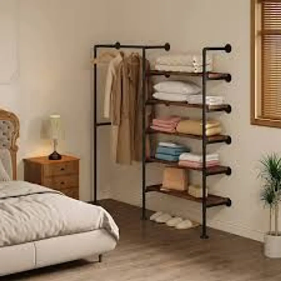 BOXED WOLTU INDUSTRIAL STYLE CLOTHES RAIL WITH SHELVES - VINTAGE BROWN (1 BOX)