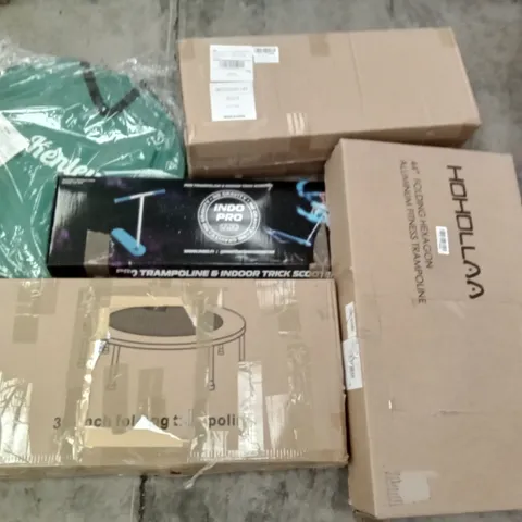 PALLET OF ASSORTED ITEMS INCLUDING HOHOLLAA 44" FOLDING HEXAGON FITNESS TRAMPOLINE, INDOOR TRICK SCOOTER, KENLEY POP UP TENT, TIMED FACE STEAMER, EXERCISE BIKE