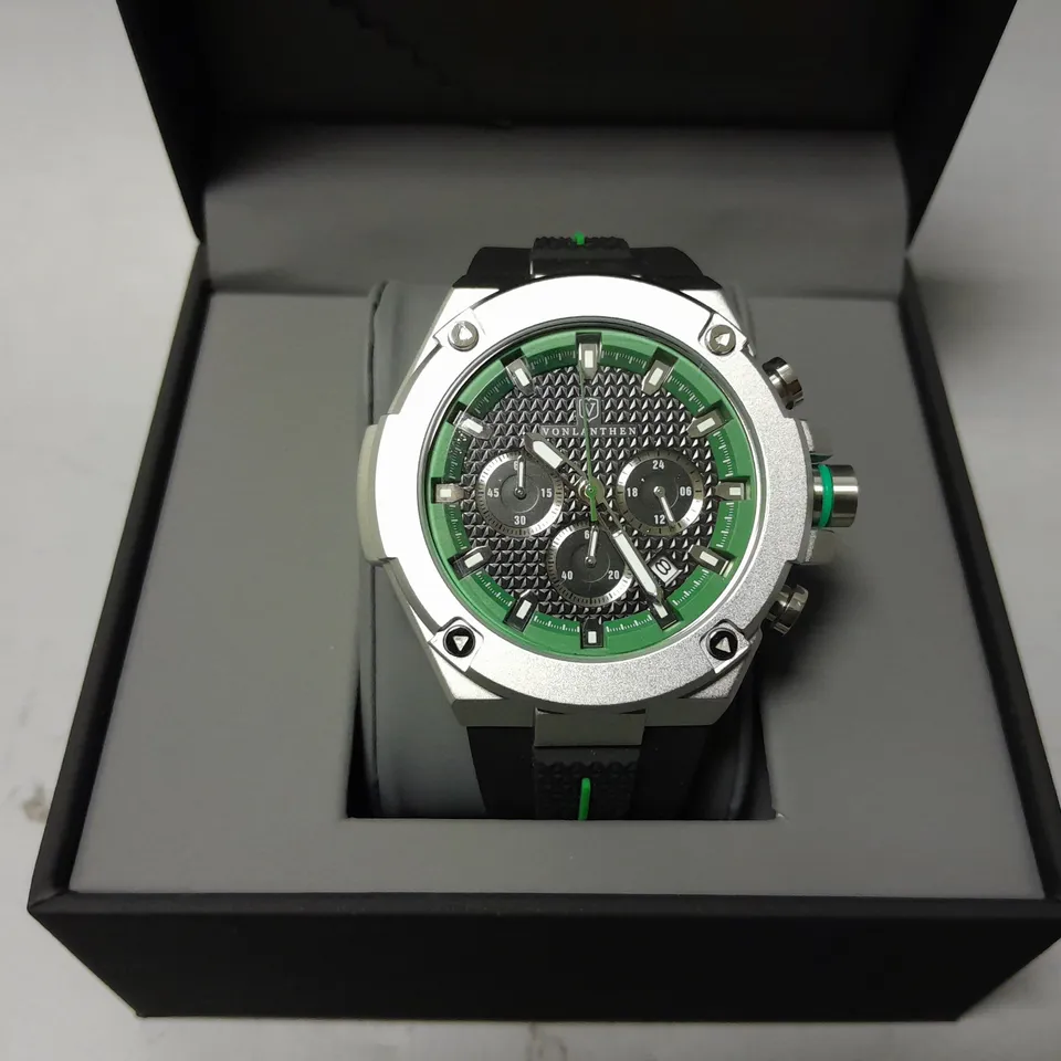 BOXED VONLANTHEN GT CHRONOGRAPH WATCH WITH BLACK DIAL & RUBBER STRAP