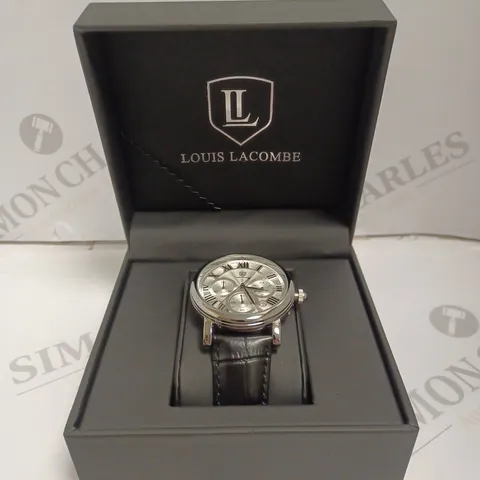 MENS LOUIS LACOMBE CHRONOGRAPH WATCH β MULTI FUNCTION DIAL WITH DATE β ROMAN NUMERAL DIAL β LEATHER STRAP