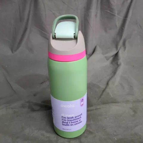 OWALA INSULATED WATER BOTTLE – GREEN BODY WITH PINK BAND AND LILAC LABEL (LEAK-PROOF LID)
