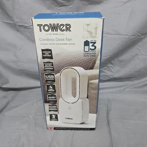 TOWER CORDLESS DESK FAN – WHITE, USB POWERED (BOXED)