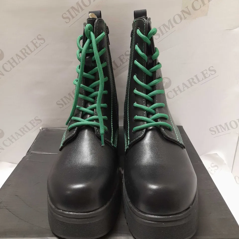 KOI THRAX BLACL PU/GREEN LACE UP CLASS BOOTS - SIZE 7