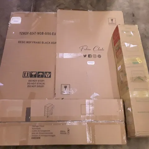 PALLET OF ASSORTED PRODUCTS INCLUDING MDF FRAME BLACK BOARD, FABIAN CLARKE PHOTO FRAME, WHITE CHRISTMAS TREE, STORAGE CHEST, BARSTOOL
