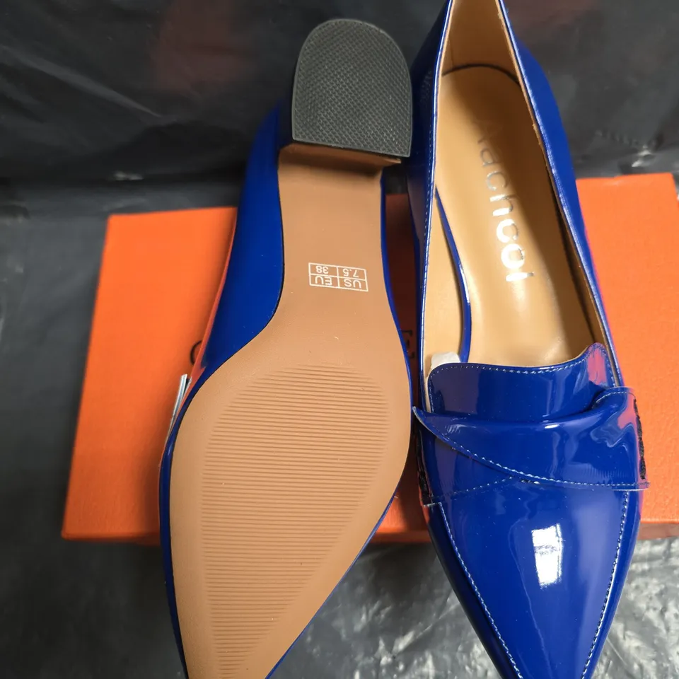 AACHOL BLUE PATENT LEATHER POINTED-TOE LOAFERS WITH LOW BLOCK HEEL – UK 5.5 (EU 38, US 7.5) – WOMEN'S SHOES