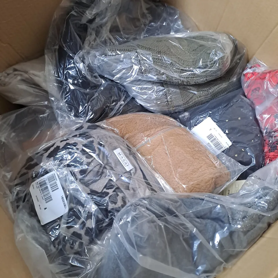 BOX OF ASSORTED CLOTHING ITEMS TOO INCLUDE COATS , TOPS, AND TROUSERS   ETC. 