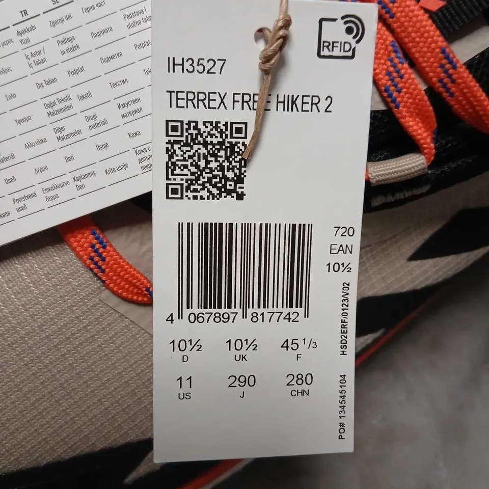 ADIDAS TERREX FREE HIKER 2 TRAIL SHOES – UK 10½ (US 11), BEIGE/BLACK/ORANGE