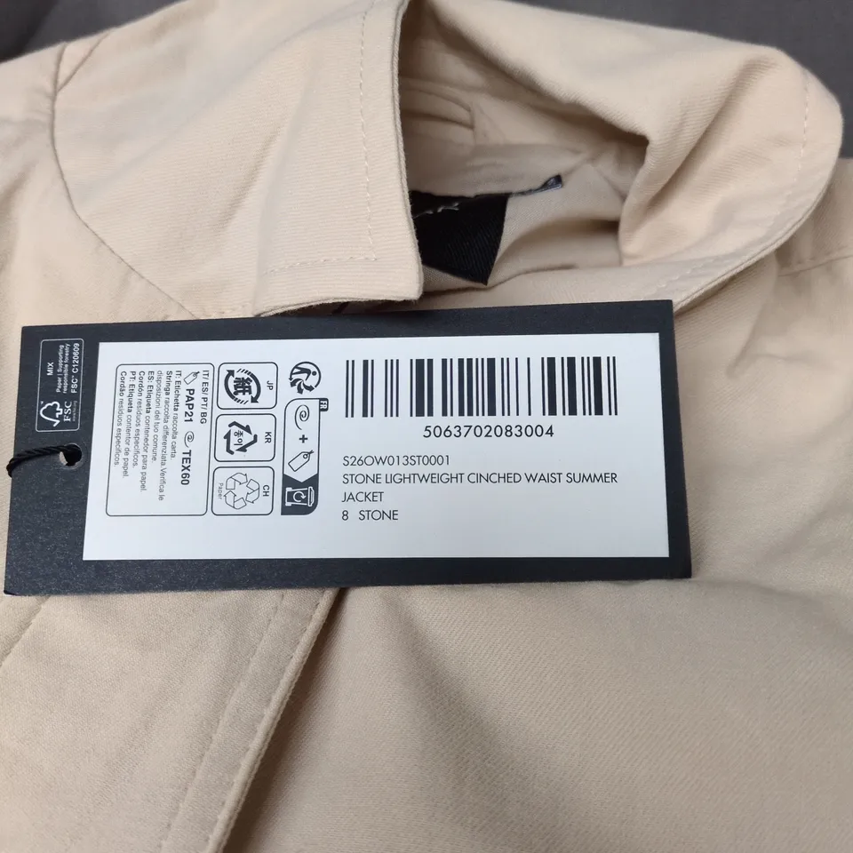 SOSANDAR STONE LIGHTWEIGHT CINCHED-WAIST SUMMER JACKET, UK 8, BEIGE
