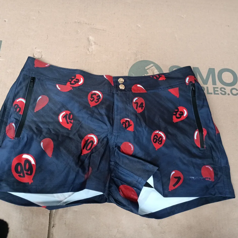 99 RED BALLOONS BEACH SHORTS – NAVY WITH RED BALLOON PRINT – MEN’S UK M (MEDIUM)