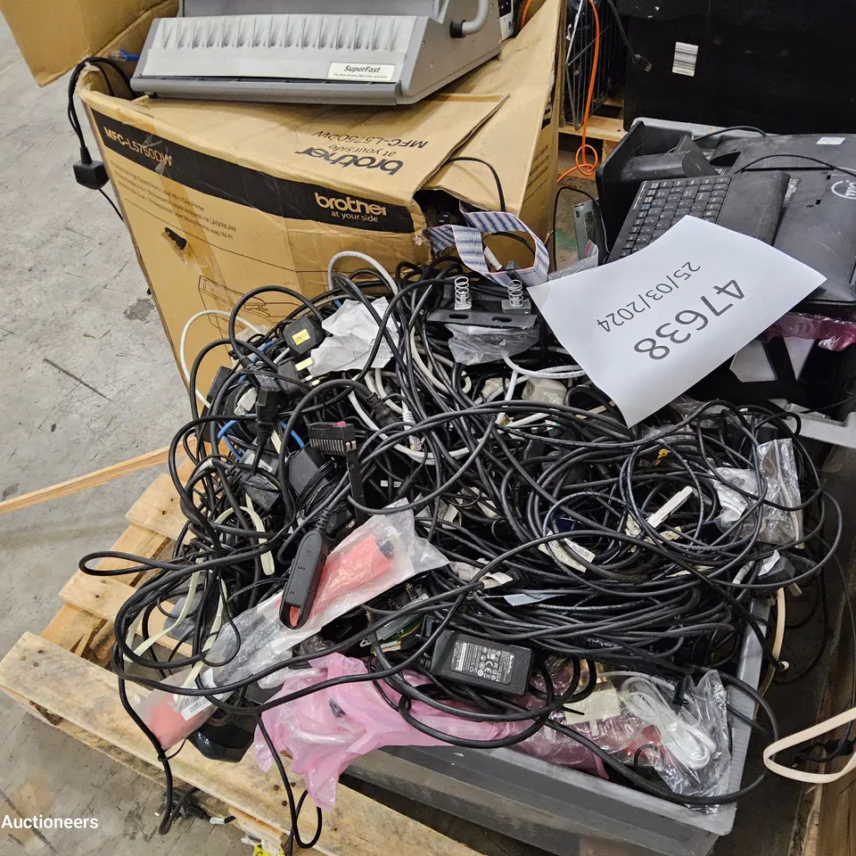 PALLET OF ASSORTED IT EQUIPMENT,INCLUDING MONITORS, BINDING MACHINE, CABLES, POWER CABLES.