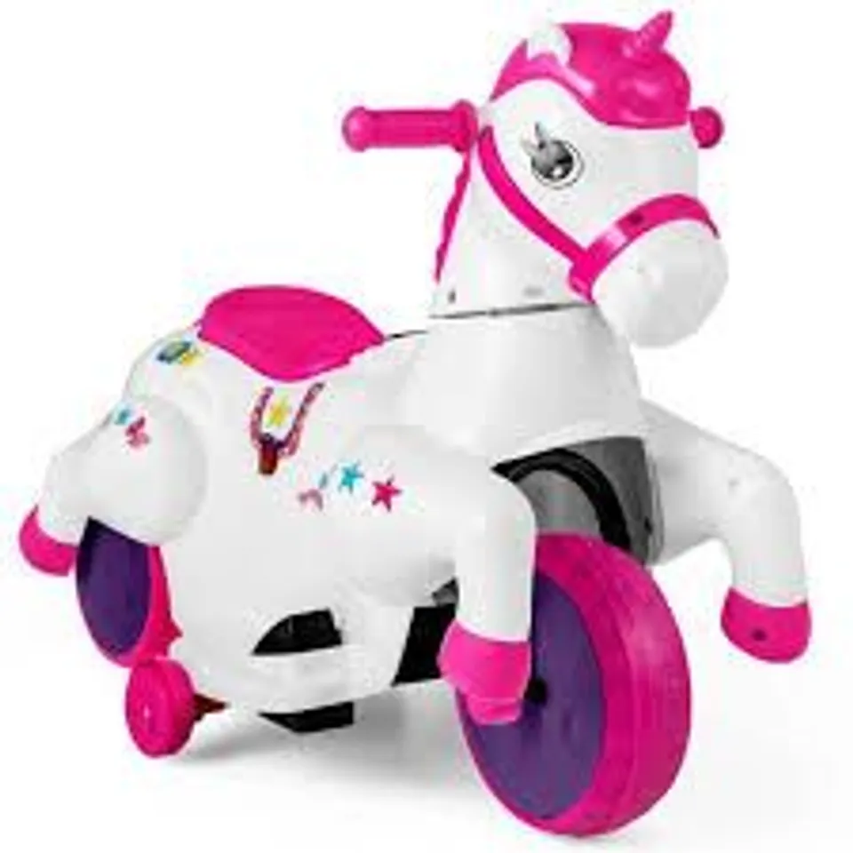 BOXED 12V UNICORN RIDE ON TOY WITH TRAINING WHEELS FOR KIDS - ROSE RED AND WHITE