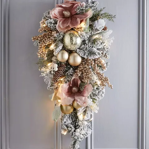 FROSTED PINK PRE-LIT TEARDROP CHRISTMAS WREATH