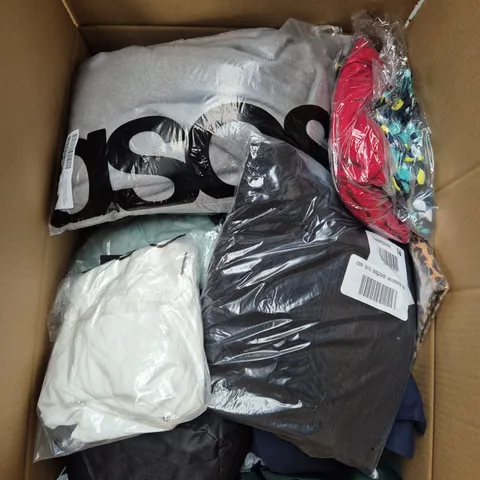 LARGE BOX OF ASSORTED CLOTHING ITEMS IN VARIOUS SIZES, STYLES AND COLOUR 