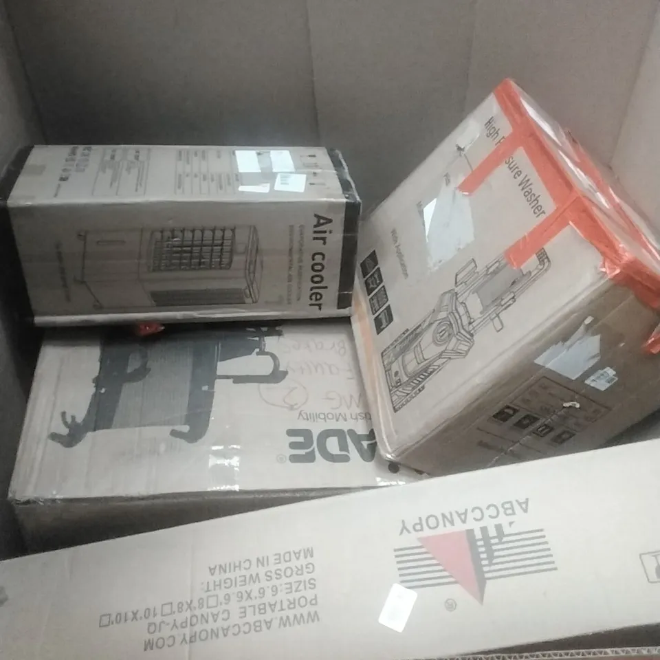 PALLET OF ASSORTED HOUSEHOLD GOODS AND PRODUCTS TO INCLUDE; WHEELCHAIR, HIGH PRESSURE WASHER, AIR COOLER ETC