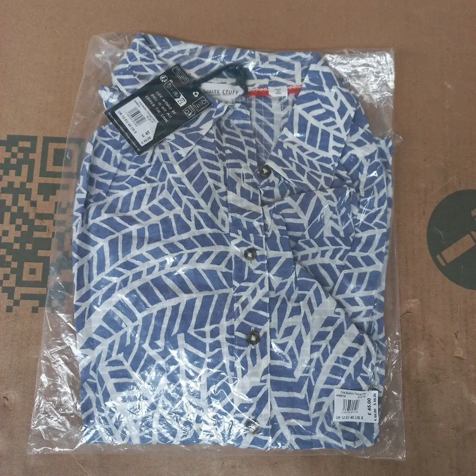 BAGGED WHITE STUFF ORLA BUTTON THROUGH SHIRT IN BLUE PRINT SIZE UK 12
