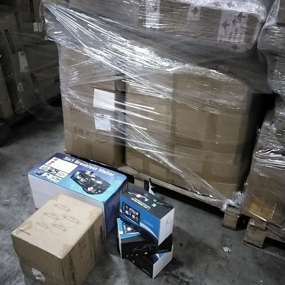 PALLET OF HOUSEHOLD ITEMS TO INCLUDE 3 IN 1 BREAKFAST MAKER, POTS, 7" CARPLAY MONITOR'S AND OTHER ASSORTED...