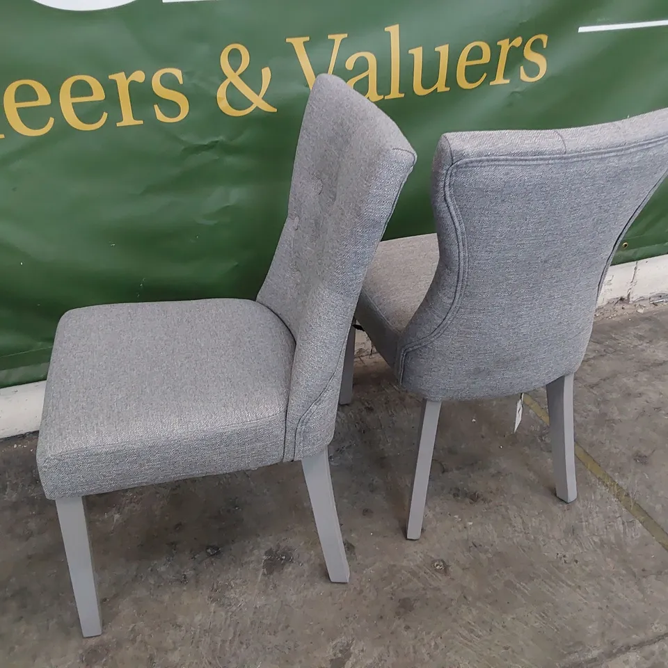 PAIR UPHOLSTERED BUTTONED BACK DINING CHAIRS GREY FABRIC ON GREY PAINTED LEGS 