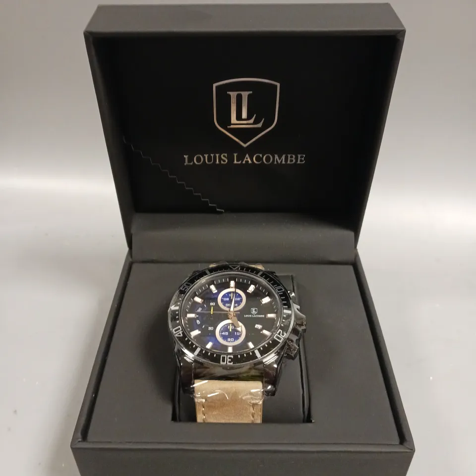 MENS LOUIS LACOMBE CHRONGRAPH WATCH – 3 SUB DIALS – BLACK CASE – LEATHER STRAP