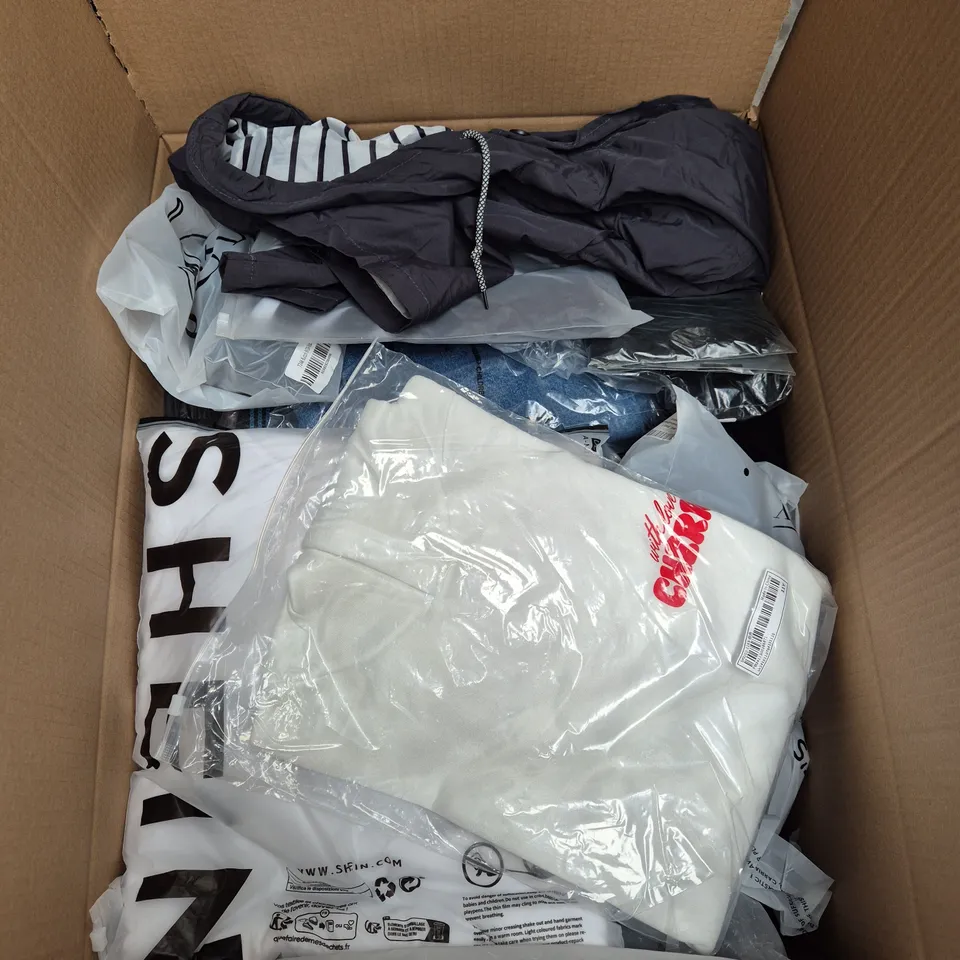 LARGE BOX OF ASSORTED CLOTHING ITEMS IN VARIOUS SIZES, STYLES AND COLOUR 