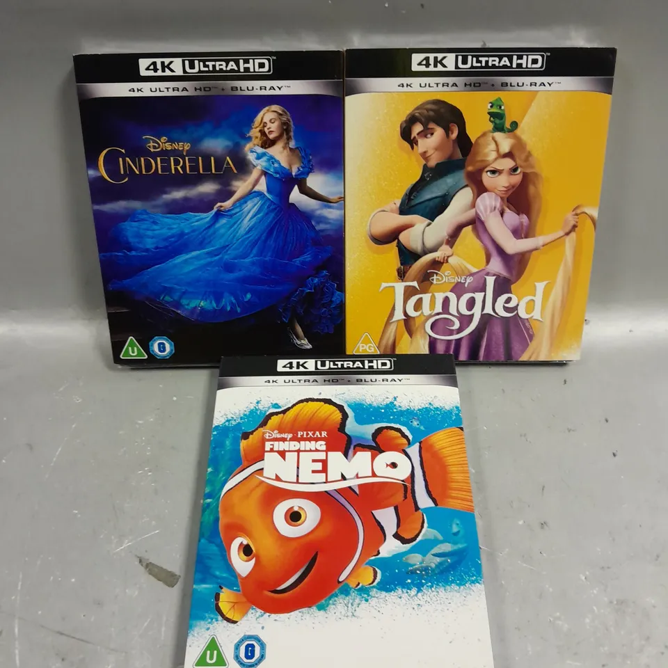 3 X ASSORTED SEALED DISNEY 4K ULTRA HD BLU-RAYS TO INCLUDE TANGLED, FINDING NEMO, CINDERELLA ETC