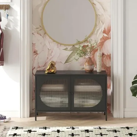 BOXED DOREL LUNA 2 DOOR BLACK FLUTED GLASS WIDE ACCENT CABINET (1 BOX)