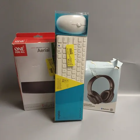 APPROXIMATELY 20 ASSORTED TECH PRODUCTS TO INCLUDE WIRELESS KEYBOARD COMBO, HDTV INDOOR AERIAL, WIRELESS HEADPHONES