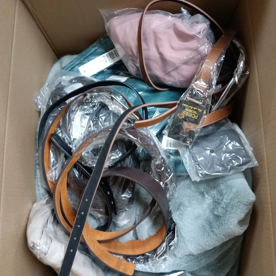 BOX OF APPROXIMATELY 25 ASSORTED ITEMS TO INCLUDE CLOTHING OF VARIOUS SIZES AND STYLES, BELTS ETC