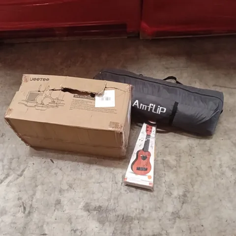 PALLET OF ASSORTED ITEMS INCLUDING - COOKWARE SET, CHILDREN'S GUITAR, TENT