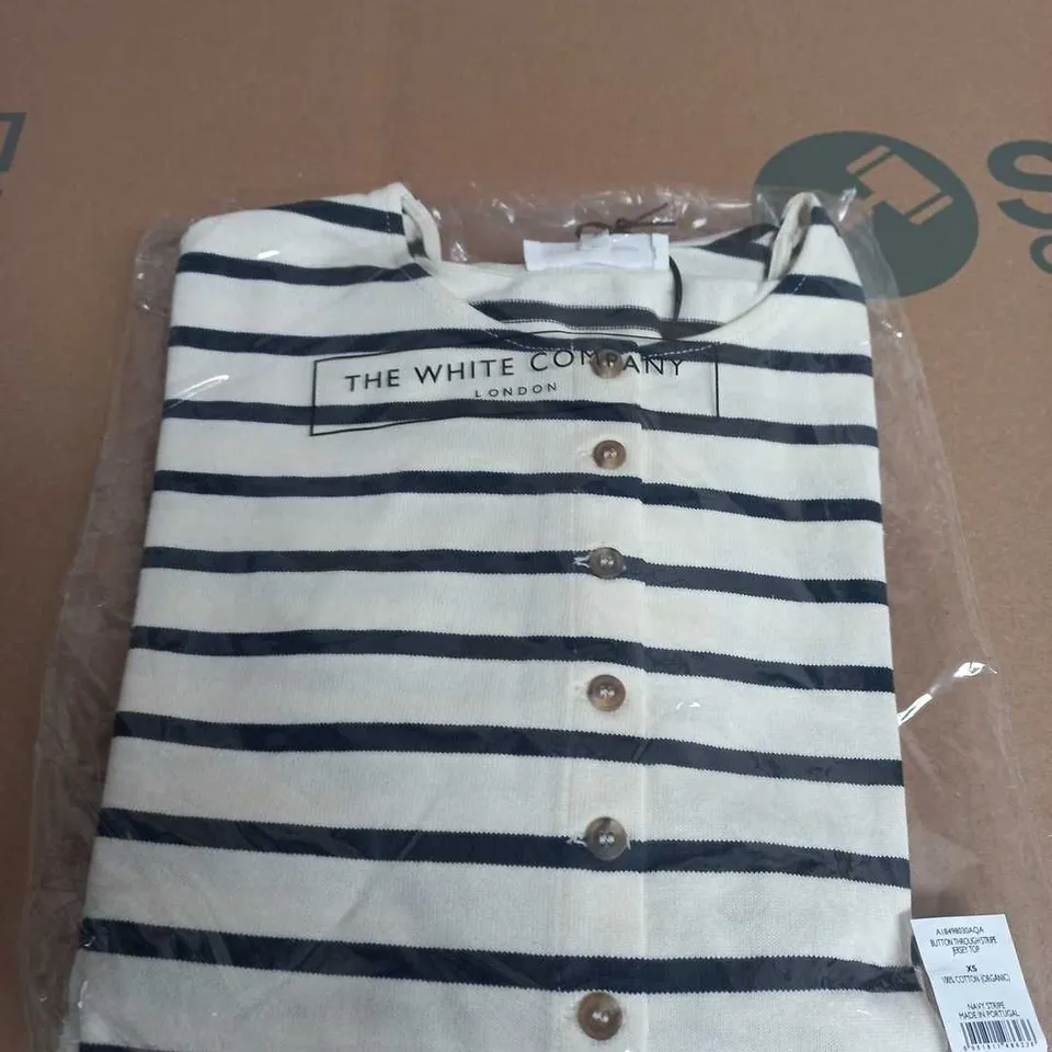 THE WHITE COMPANY JERSEY STRIPE BUTTON-THROUGH TOP – NAVY STRIPE – XS