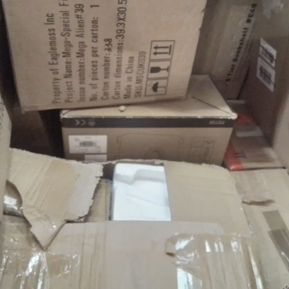 PALLET CONTAINING VARIOUS ASSORTED BOXED HOUSEHOLD ITEMS TO INCLUDE: MACERATOR PUMP, REVERSE OSMOSIS HOT/COLD WATER DISPENSER,  BOOKSHELF, EXERCISE MACHINE AND LOTS MORE UNMARKED BOXED ITEMS 