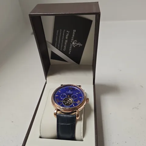 BOXED SAMUEL JOSEPH AUTOMATIC LIMITED EDITION ROSE GOLD TONE BLUE DIAL WATCH