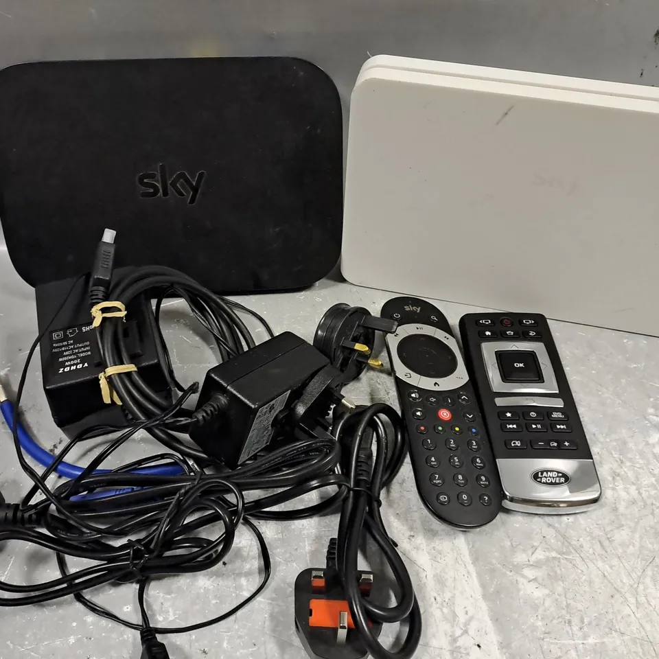 ASSORTED ELECTRICAL HOUSEHOLD ITEMS TO INCLUDE SKY BOXES, REMOTES, CABLES, ETC