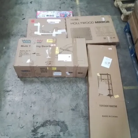 PALLET OF ASSORTED ITEMS TO INCLUDE: TRAINING BENCH, SHELVING RACK, COFFEE TABLE, HOLYWOOD MIRROR ECT