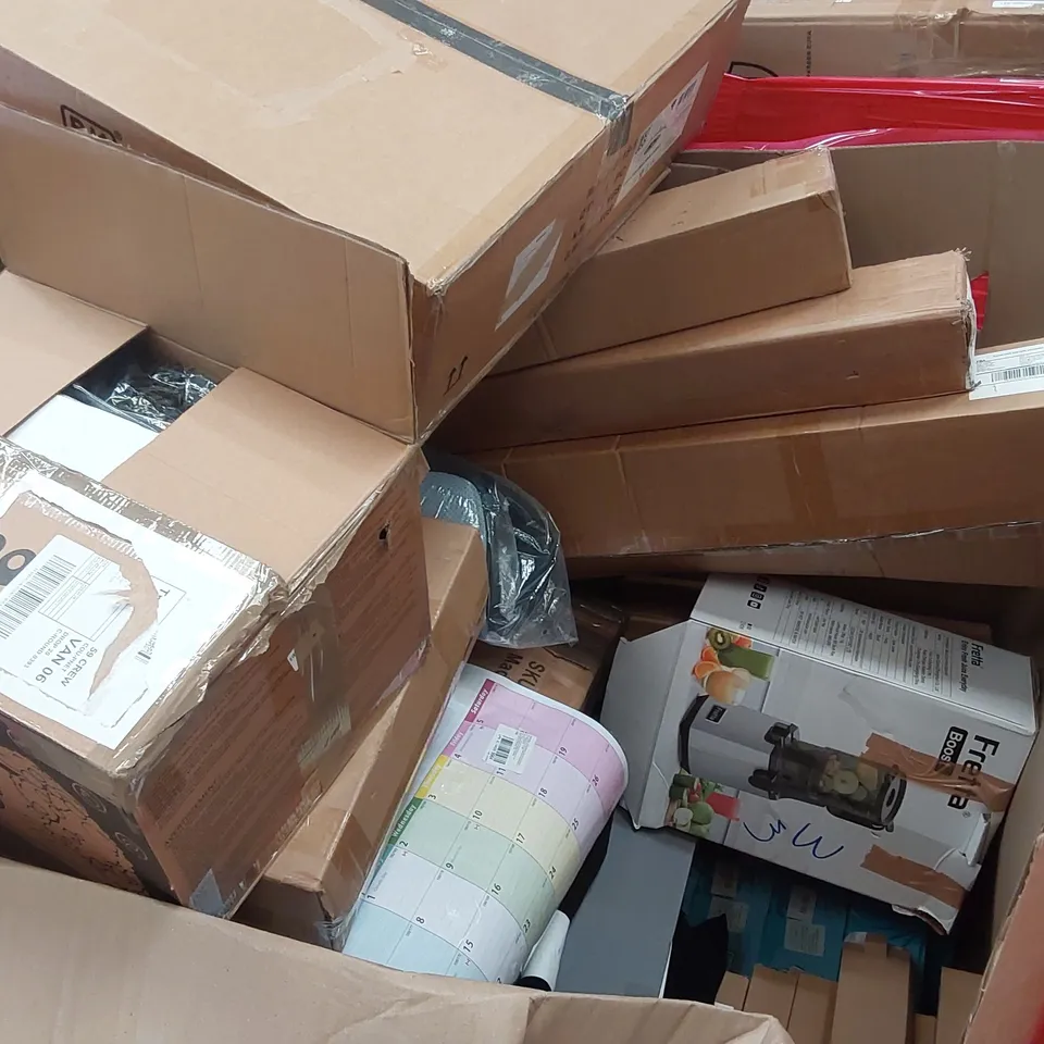 PALLET OF ASSORTED ITEMS INCLUDING: EUREKA VACUUM CLEANER, CEILING FAN LIGHT, DOUBLE STACK AIR FRYER, OFFICE CHAIR, JUICER, INFLATABLE POOLS ECT