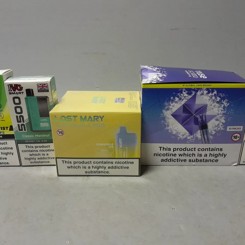 APPROXIMATELY 15 ASSORTED E-CIGARETTE PRODUCTS TO INCLUDE - LOST MARY , MAYATI , VUSE ETC