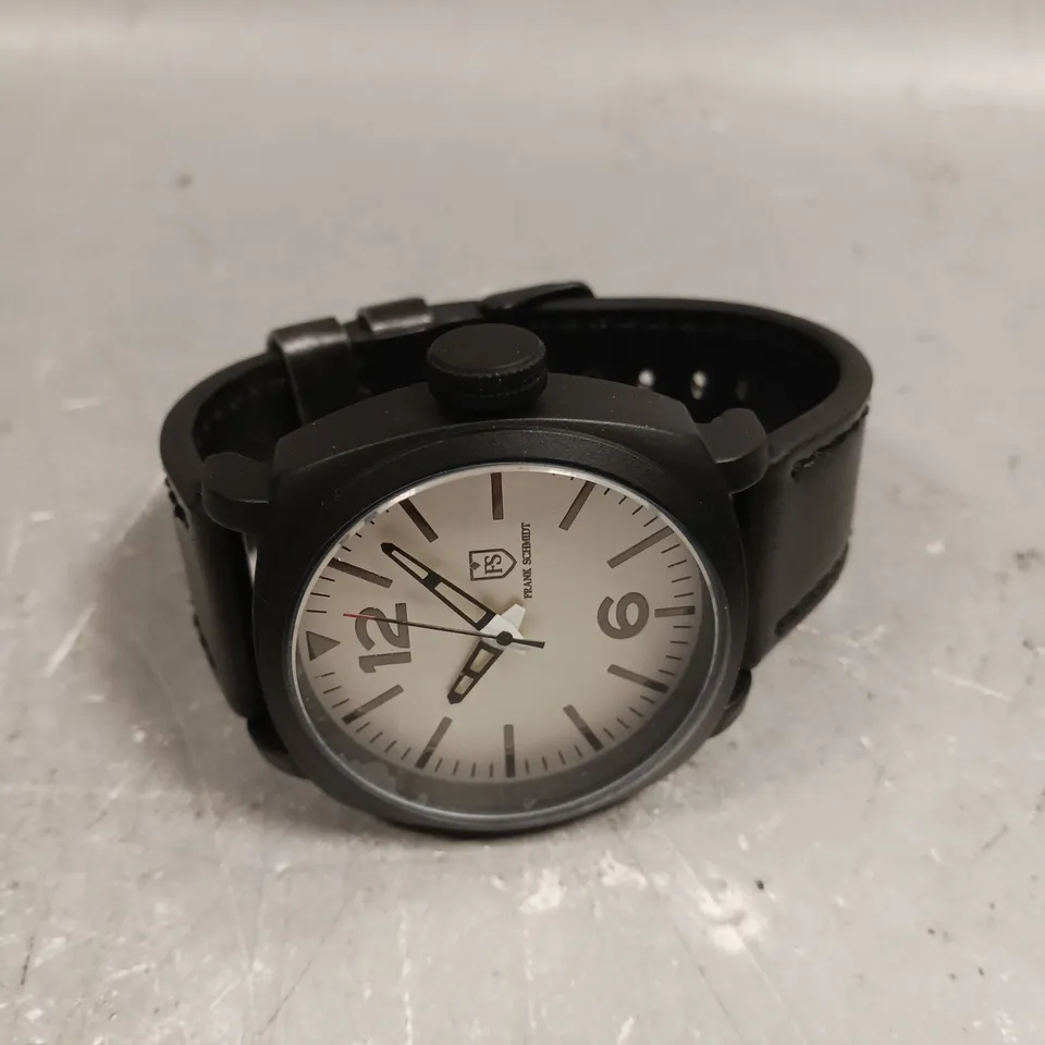 MENS FRANK SCHMIDT WATCH – LARGE BLACK CASE – WHITE PILOT DIAL – BLACK LEATHER STRAP