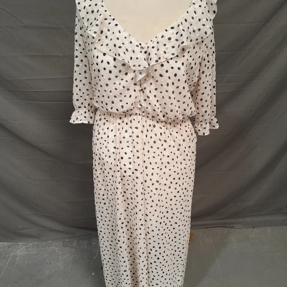 KIABI RUFFLE TRIM MIDAXI DRESS IN IVORY/BLACK SPOT SIZE 10