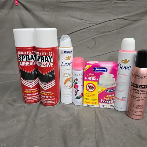 APPROXIMATELY 14 ASSORTED AEROSOLS TO INCLUDE REVOLUTION SUPERFIX MISTING SPRAY, DOVE POWDER SOFT, JOHNSONS DUAL ACTION ROOM FOGGER, ETC - COLLECTION ONLY